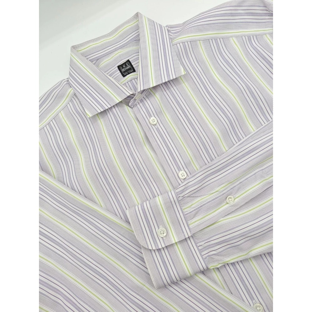 Ike Behar Mens Dress Shirt XL 16.5x37 Purple Green Striped Cotton Button Up